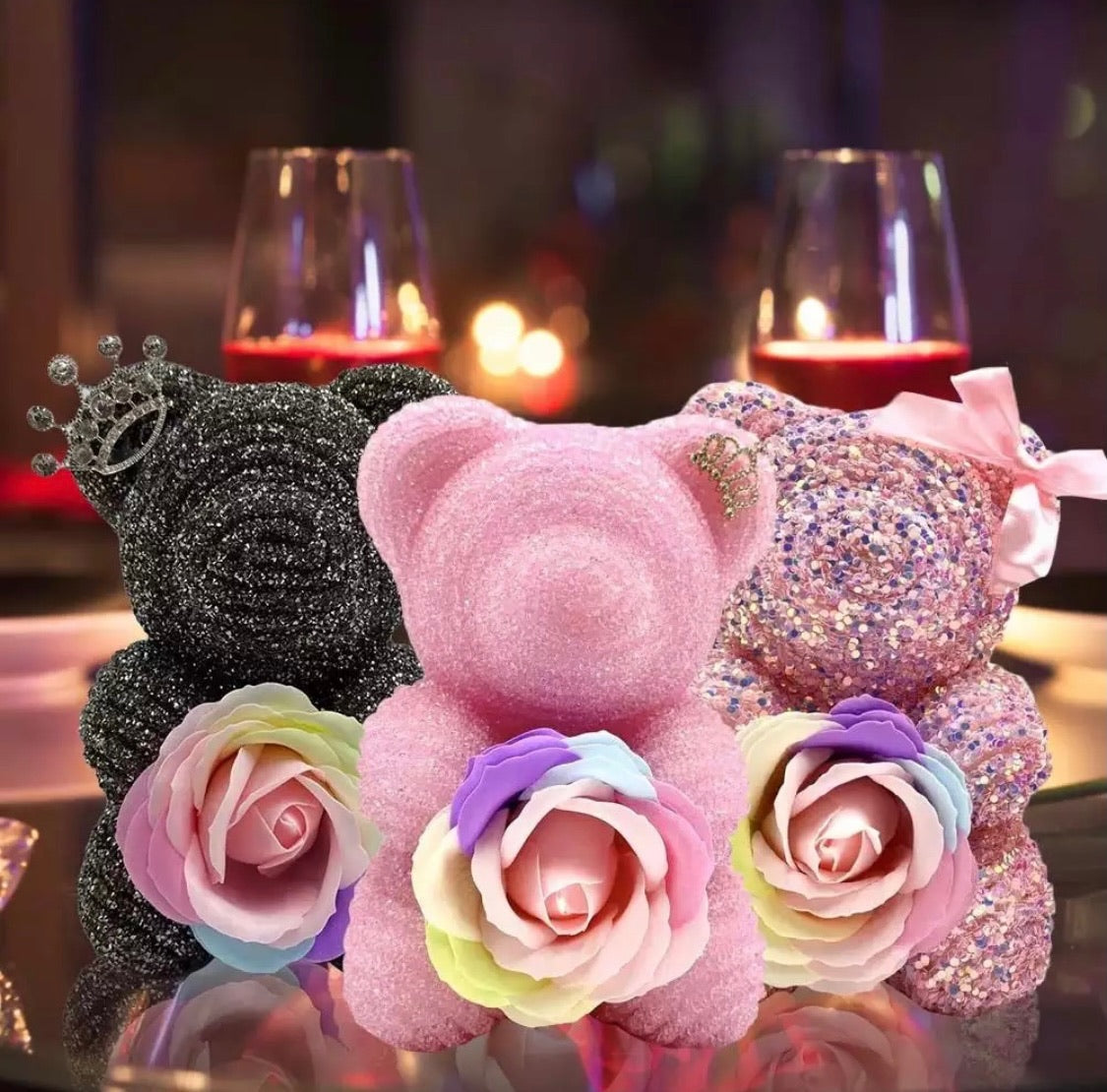 Small Luxury Pink Rose Bear with Diamonds/Pearls